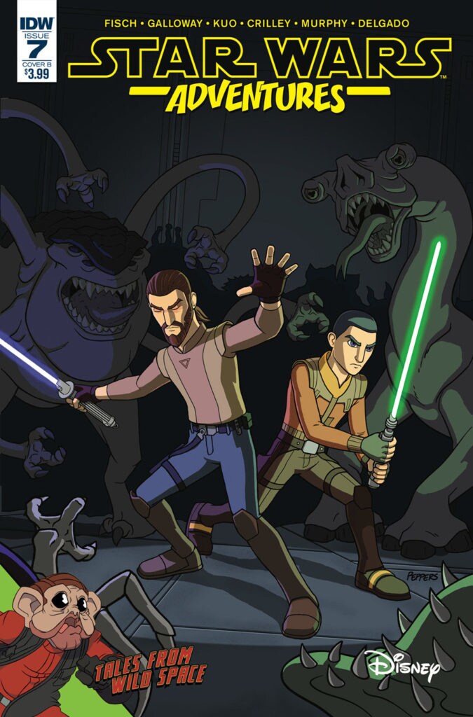 The cover of issue seven of the comic book Star Wars Adventures features Kanan and Ezra surrounded by monsters.