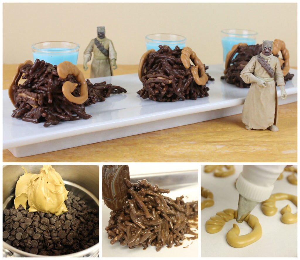 A series of photos: a plate of completed Bantha BIte snacks, a bowl of chocolate chips with a scoop of peanut butter on top, a pile of chocolate-covered noodles, and a sheet of peanut butter bantha horns made out of peanut butter.