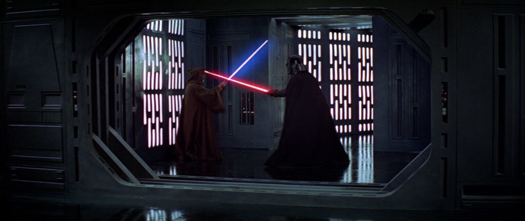 Obi-Wan fights Darth Vader in Star Wars: A New Hope.