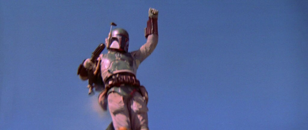 Boba Fett against a blue sky.