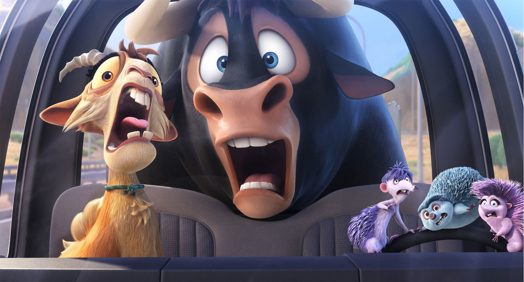Actors Gabriel Iglesias, Kate McKinnon, John Cena, Gina Rodriguez, and Daveed Diggs as their animated characters in the movie "Ferdinand"