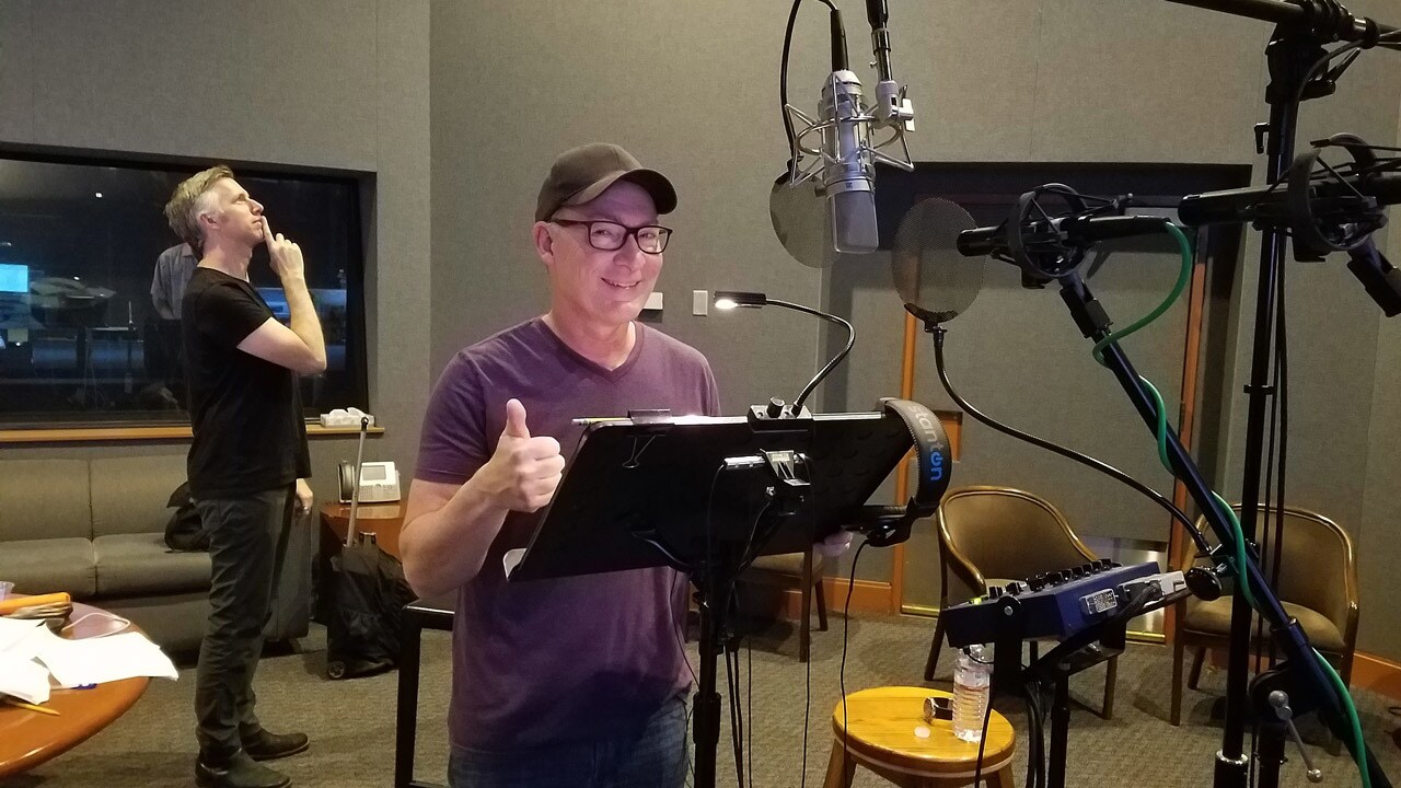 Star Wars voice actor Stephen Stanton gives a thumbs up during a studio recording session.