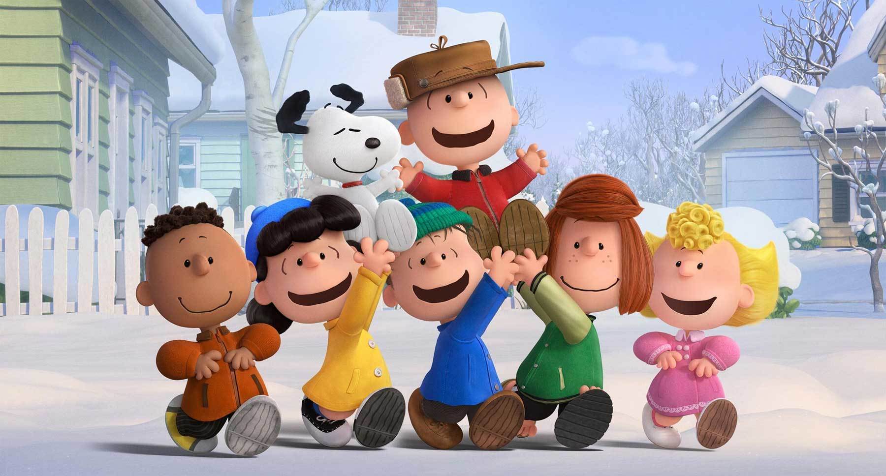 Charlie Brown and Snoopy being lifted up by the Peanuts gang (Franklin, Lucy, Linus, Peppermint Patty and Sally) in "The Peanuts Movie"