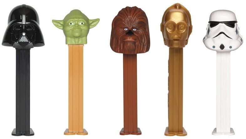 Darth Vader, Yoda, Chewbacca, C-3PO, and stormtrooper Pez dispensers.