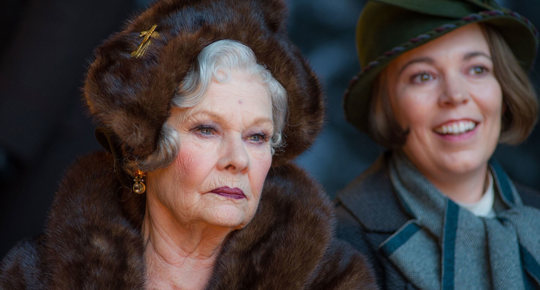 Judi Dench (as Princess Dragomiroff) and Olivia Colman (as Hildegarde Schmidt) in "Murder on the Orient Express"