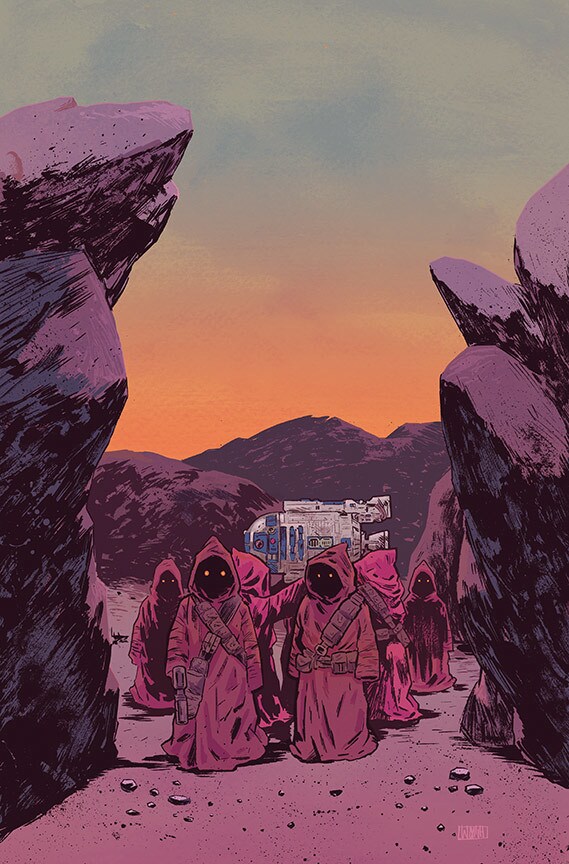 A group of Jawas carries R2-D2 through the desert at sunset, as depicted by artist Michael Walsh for Marvel's Star Wars 40th Anniversary Variant Cover artwork for Poe Dameron #11.