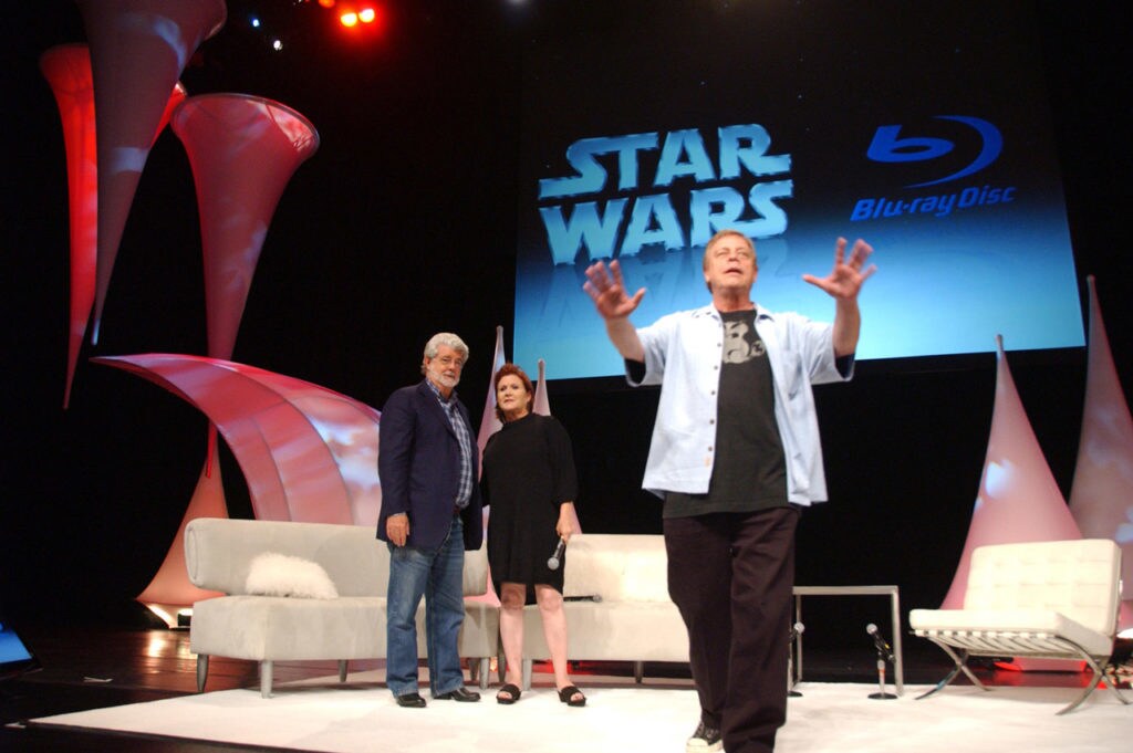 George Lucas with Carrie Fisher and Mark Hamill at Star Wars Celebration.