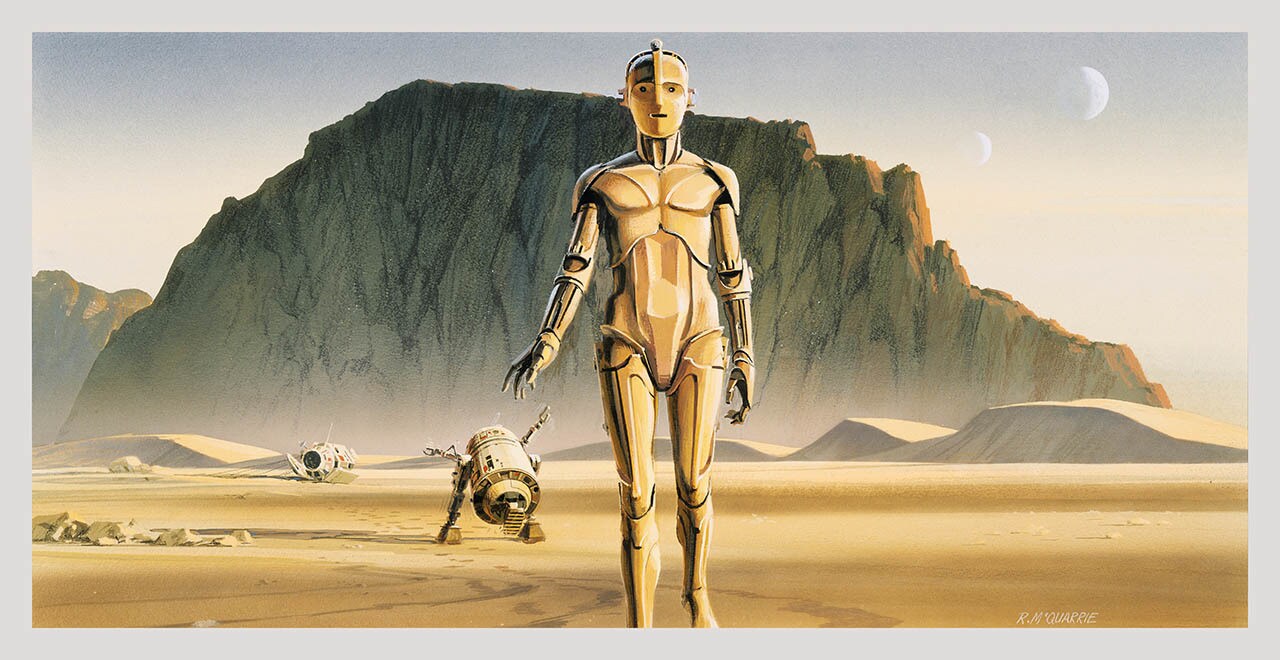 C-3PO and R2-D2 on the planet of Tatooine after landing in the escape pod.