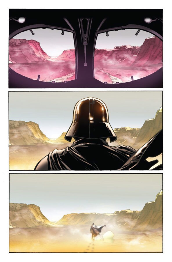 Three panels from Marvel's comic book series Darth Vader, by writer Charles Soule and artist Giuseppe Camuncoli, show Darth Vader looking out at a desert landscape before crossing it.