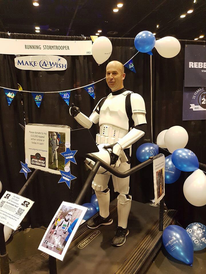 Jez Allinson, a stormtrooper cosplayer, prepares to run on a treadmill for a Make-a-Wish fundraiser.