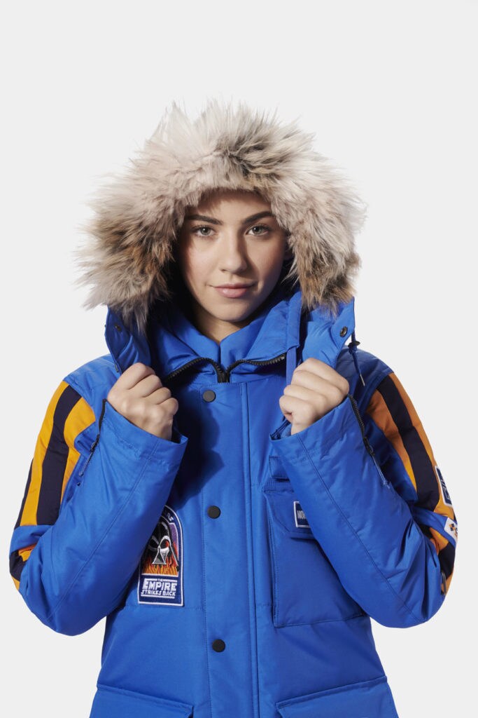 Female model wearing Columbia's Star Wars: Empire Crew Parka.