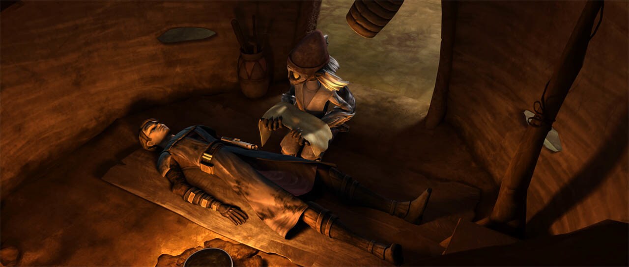 Wag Too preparing to heal a wounded Anakin Skywalker on Maridun