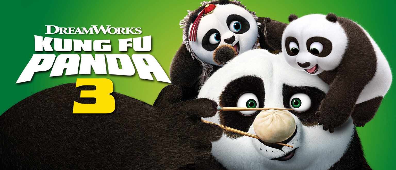 Kung Fu Panda Poe with two baby pandas from the movie "Kung Fu Panda 3"