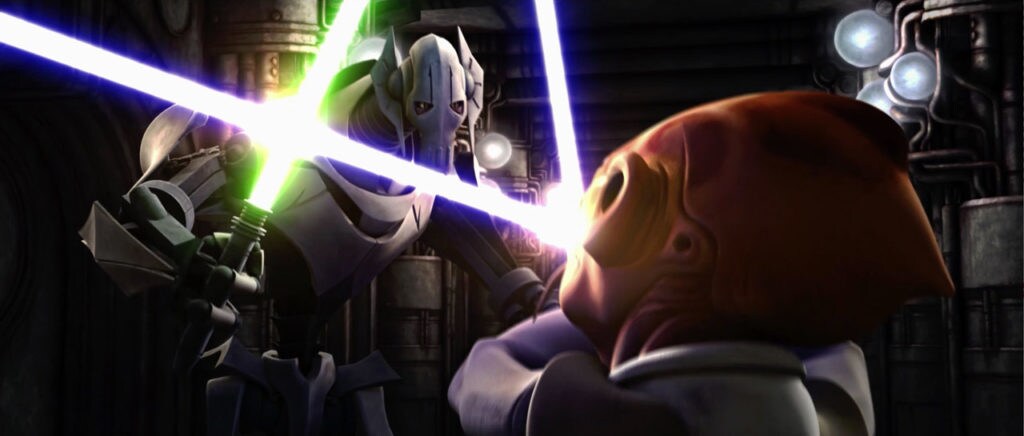 Grievous fights a creature with a lightsaber in his lair.
