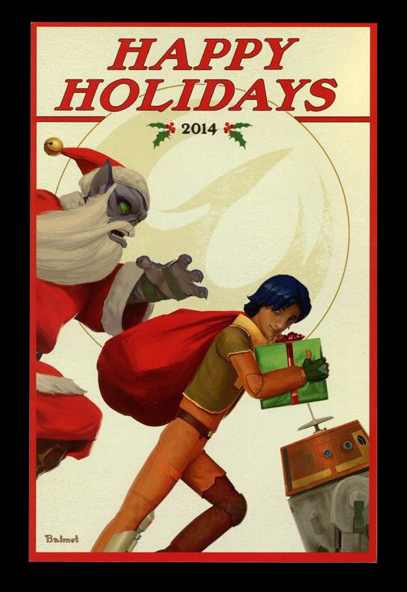 Zeb, dressed in a Santa suit, reaches out to grab Ezra, who is carrying a wrapped gift and Santa's toy sack while Chopper leads the way. The image is from a Star Wars holiday card designed by JP Balmet and is a nod to a classic Saturday Evening Post cover.