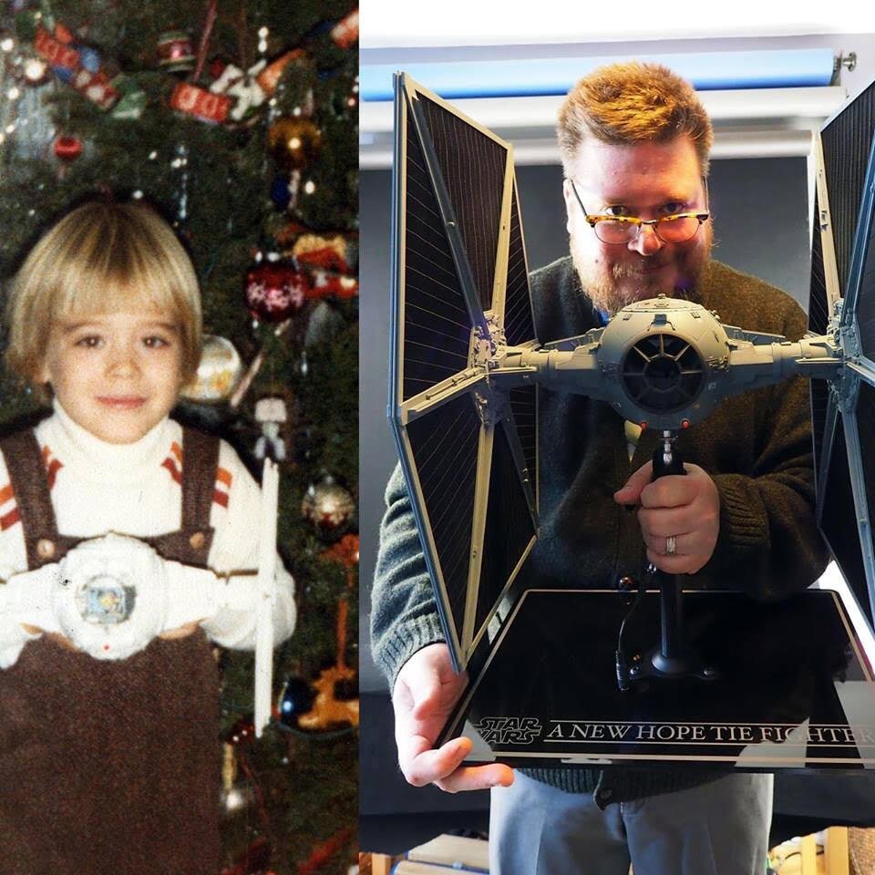 A split image shows Star Wars fan Jason Eaton as a child holding a toy TIE fighter, on the left, and as an adult holding a large model TIE fighter, on the right.