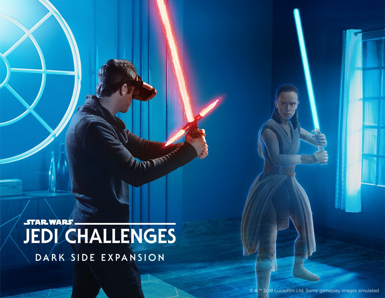A player in VR gear confronts a ghostly Rey in the Dark Side Expansion of Star Wars: Jedi Challenges.