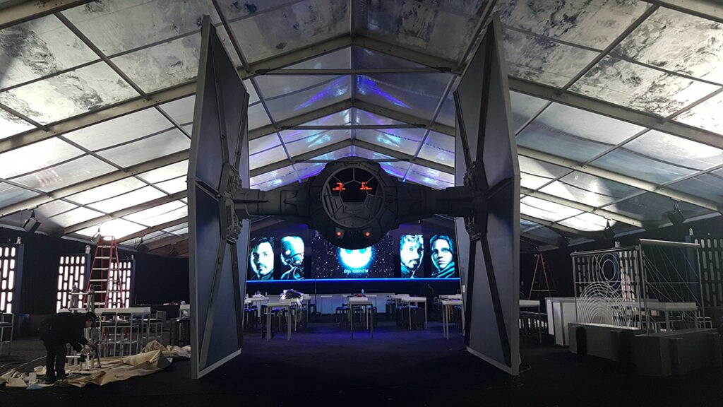 A large scale, fan made prop of a TIE Fighter on display at Star Wars Celebration Orlando.