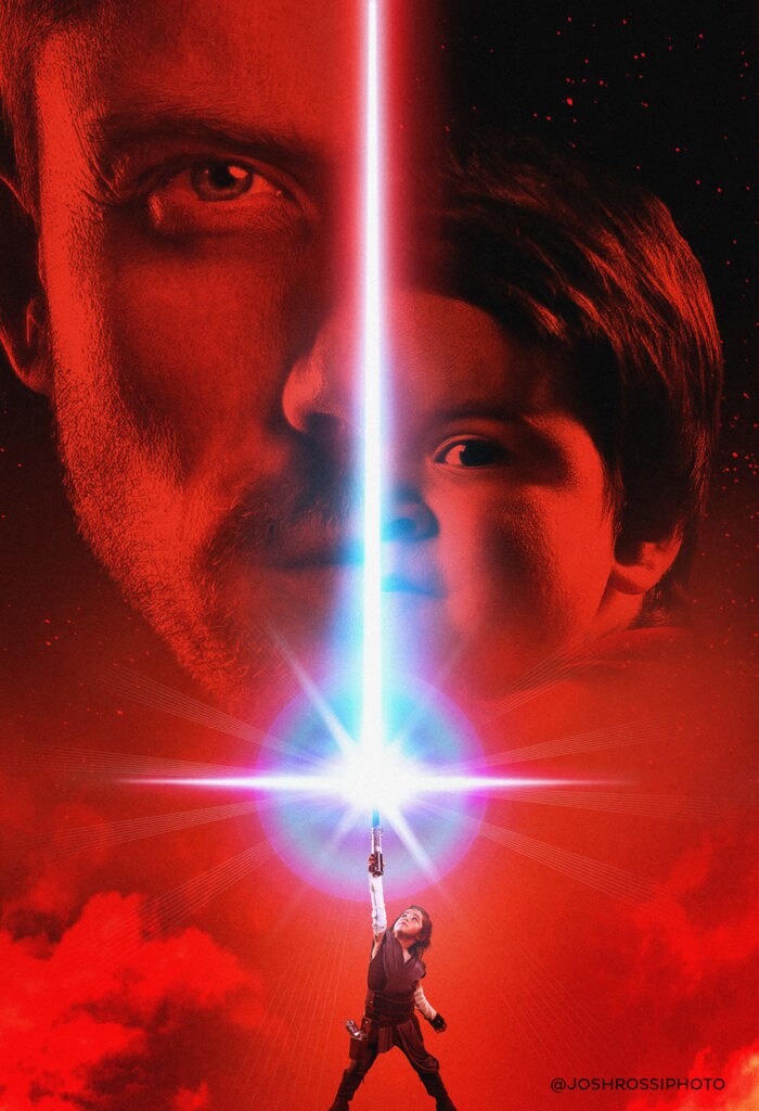 An imitation Last Jedi poster with Josh Rossi and his children.