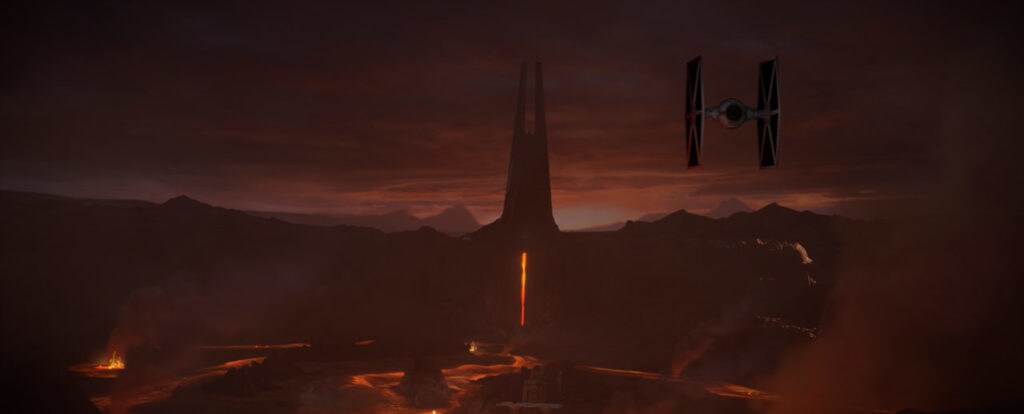 A TIE fighter approaches Mustafar in this still from Vader Immortal: A Star Wars VR Series -- Episode I.