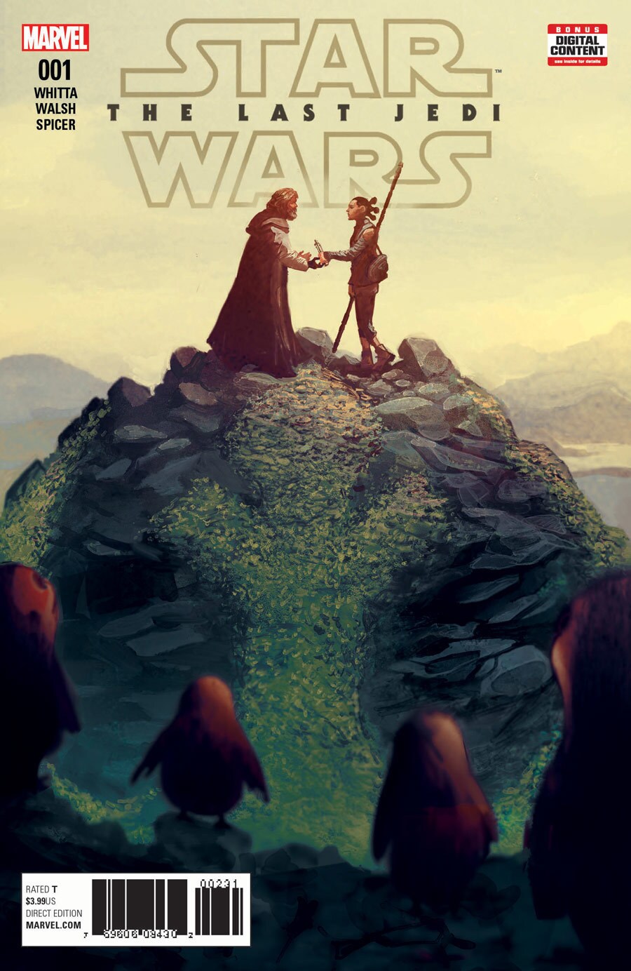 Luke Skywalker and Rey face each other on a rock on Ahch-To on the cover of the comic book adaptation of Star Wars: The Last Jedi by Gary Whitta.