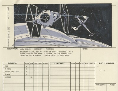 Traditional postproduction storyboard by Johnston, showing basic action, listing elements needed to create shot, for Return of the Jedi. Sometimes frame counts would also be listed and other info. 