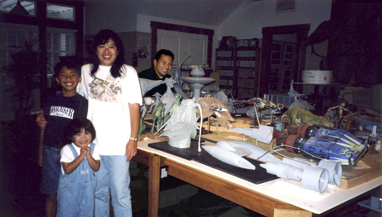 Robles with his family in the art department, including his son Kirk, daughter Kelsey, and wife Virna.