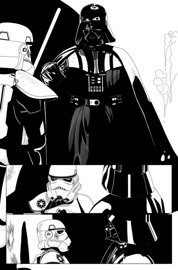 A page from the 37th issue of Marvel's Star Wars comic book series shows three panels, in black-and-white, of Darth Vader speaking to a stormtrooper.