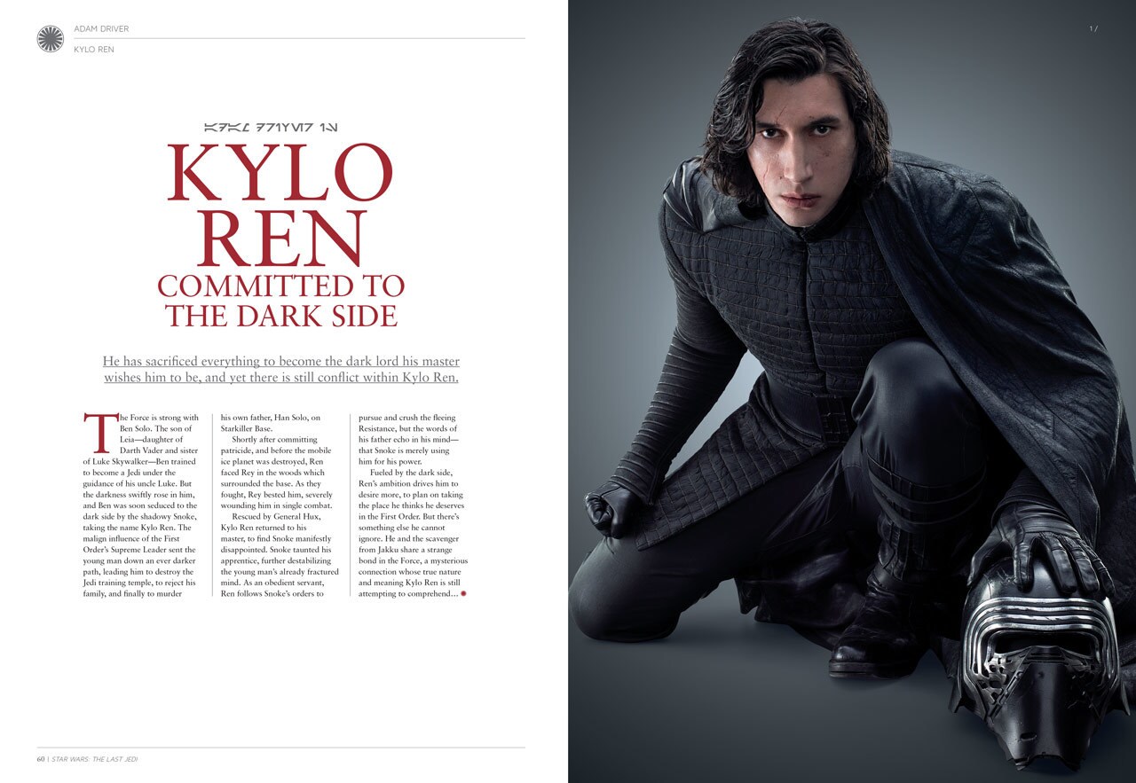Two pages from the collector's edition souvenir guide to The Last Jedi show an article about the character Kylo Ren, on the left, and a photo of Kylo Ren, on the right.