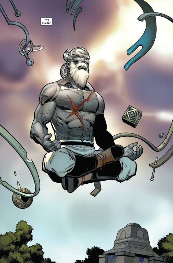 Barash Vow levitates in a lotus meditation pose in an image from Marvel's comic book series Darth Vader, by writer Charles Soule and artist Giuseppe Camuncoli.