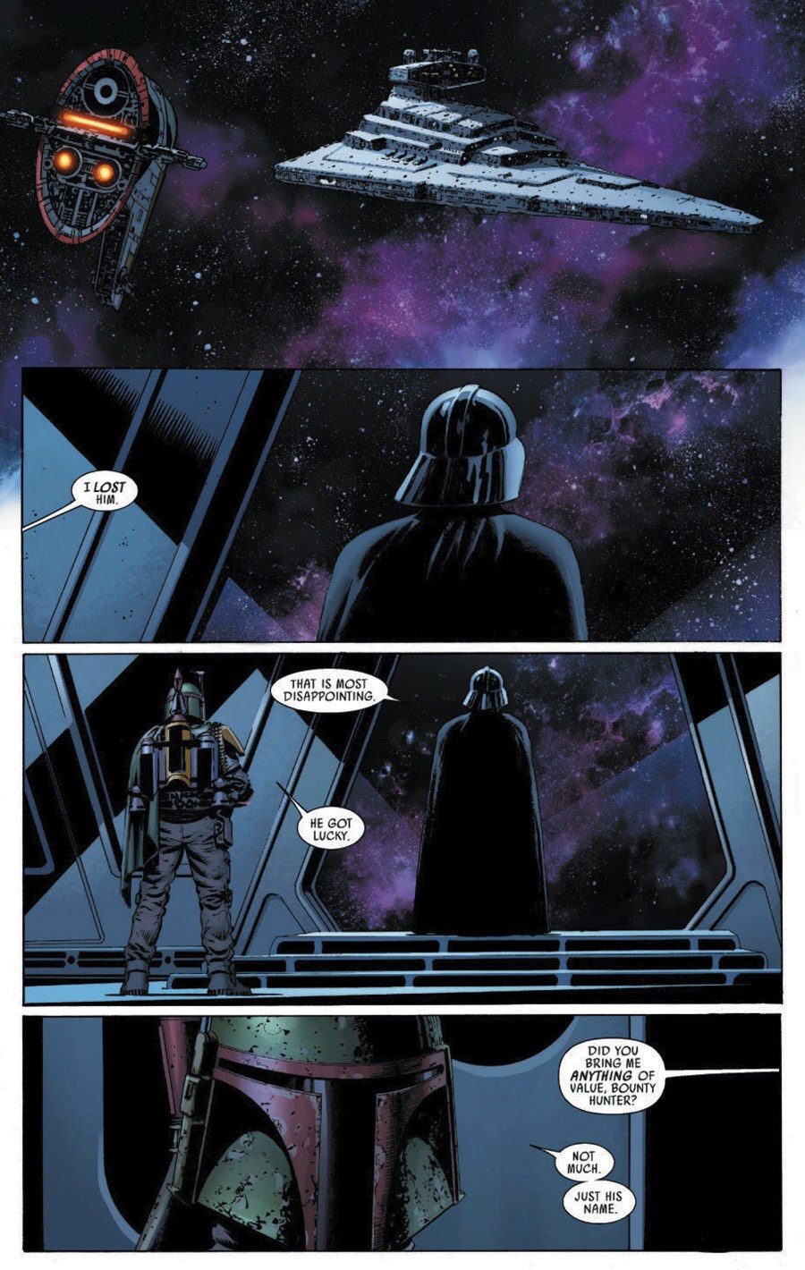 In a series of comic book panels, Darth Vader looks out a window while Boba Fett informs him that he lost track of the Rebel fighter he was pursuing, but did get his name.