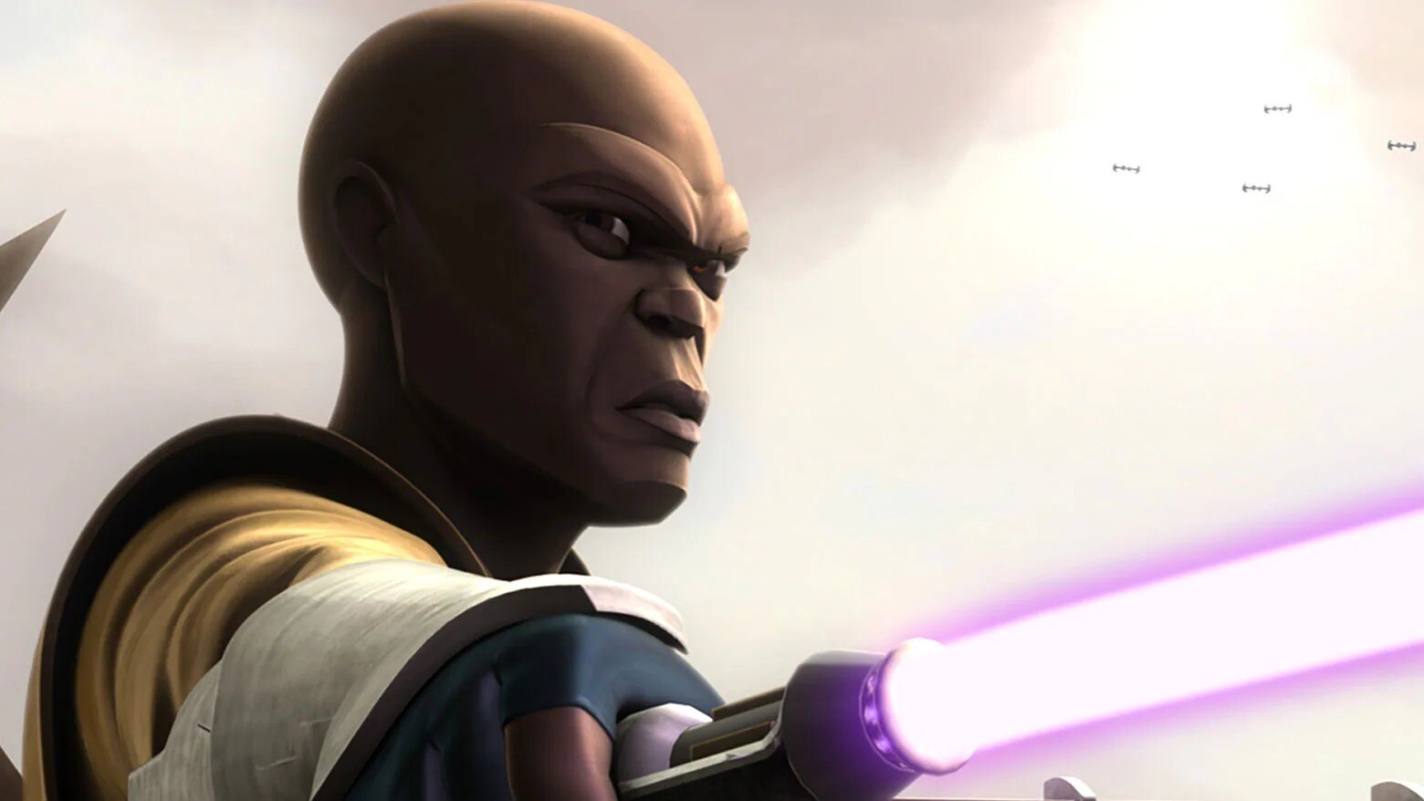 Mace Windu grimaces with amethyst lightsaber