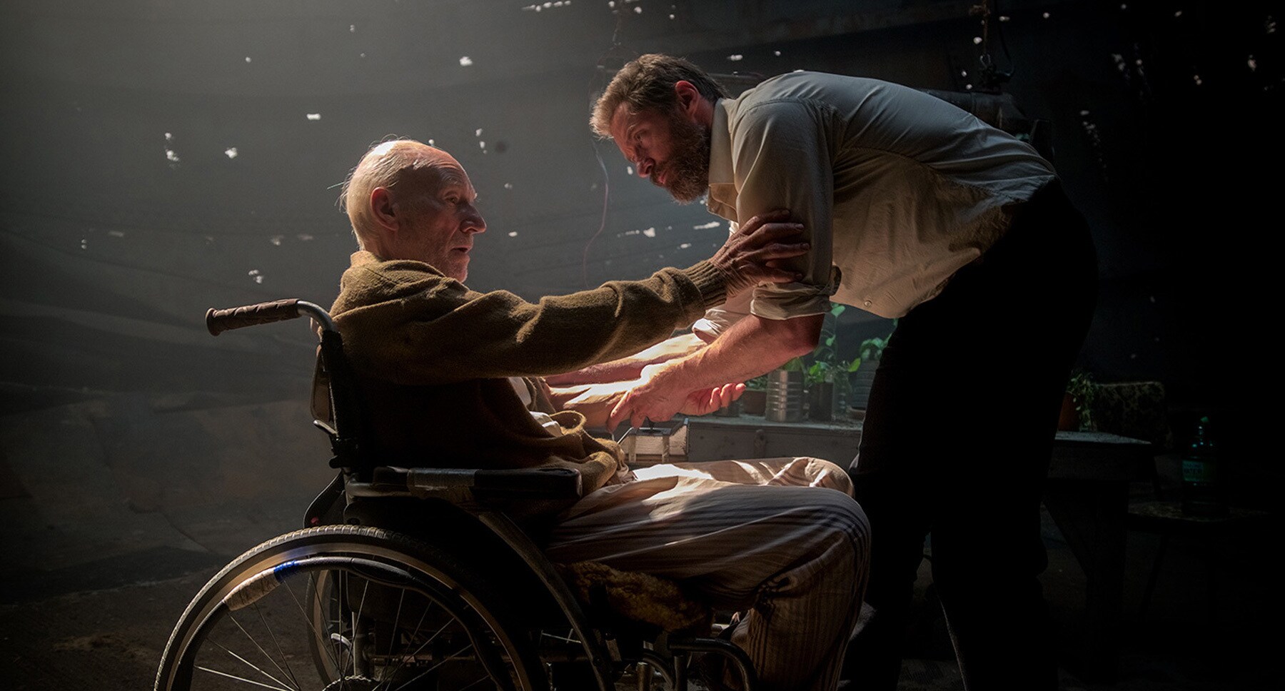 Patrick Stewart (as Charles) and Hugh Jackman (as Logan) in "Logan"