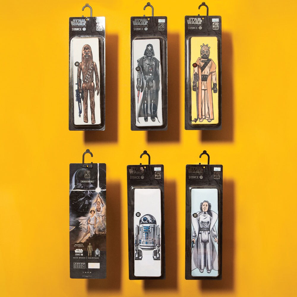 A display of Star Wars-themed socks, hanging on a wall, by California-based clothing brand Stance. The socks feature characters as seen in Star Wars: A New Hope.