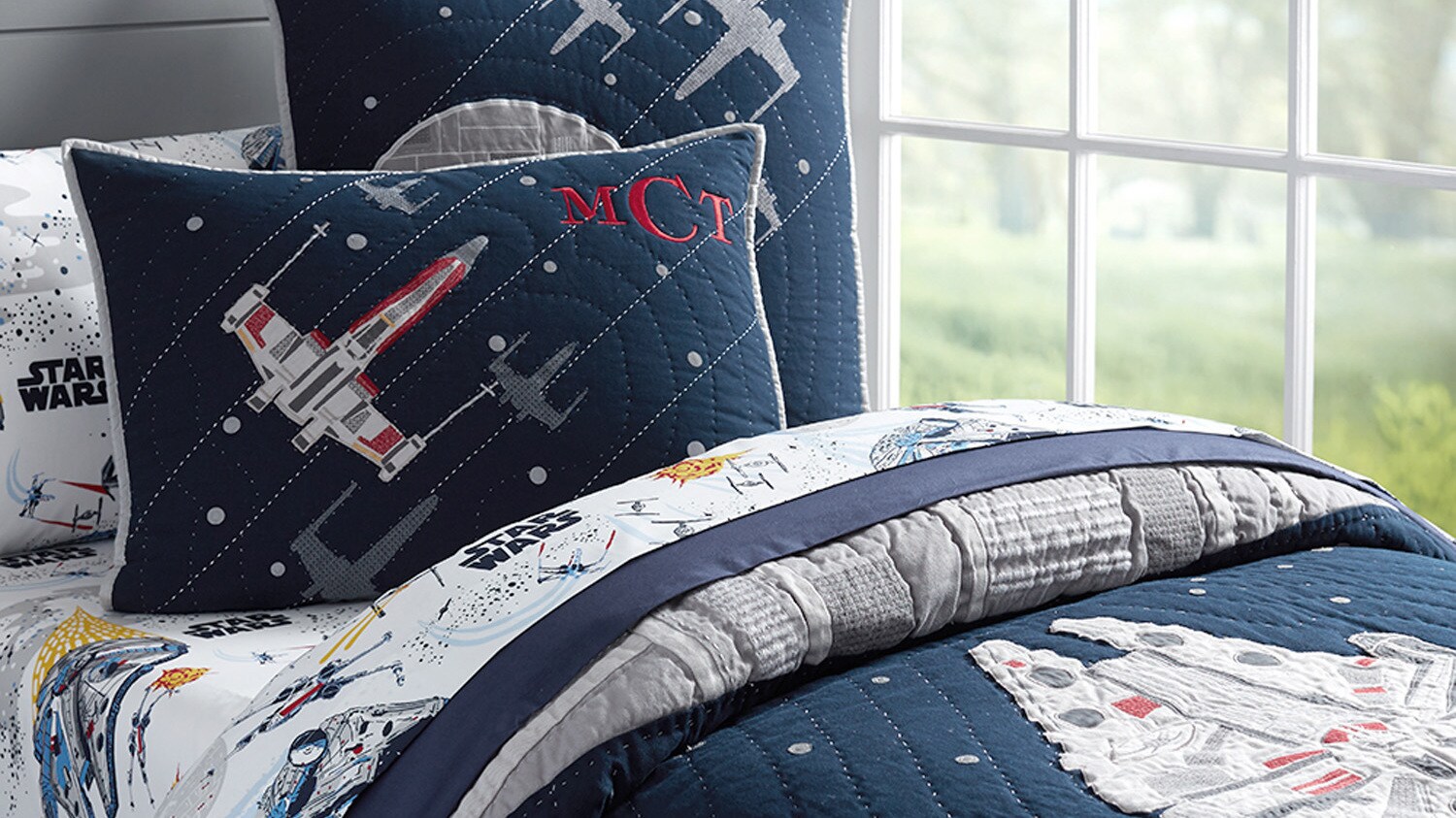 Pottery Barn Millennium Falcon quilted bedding