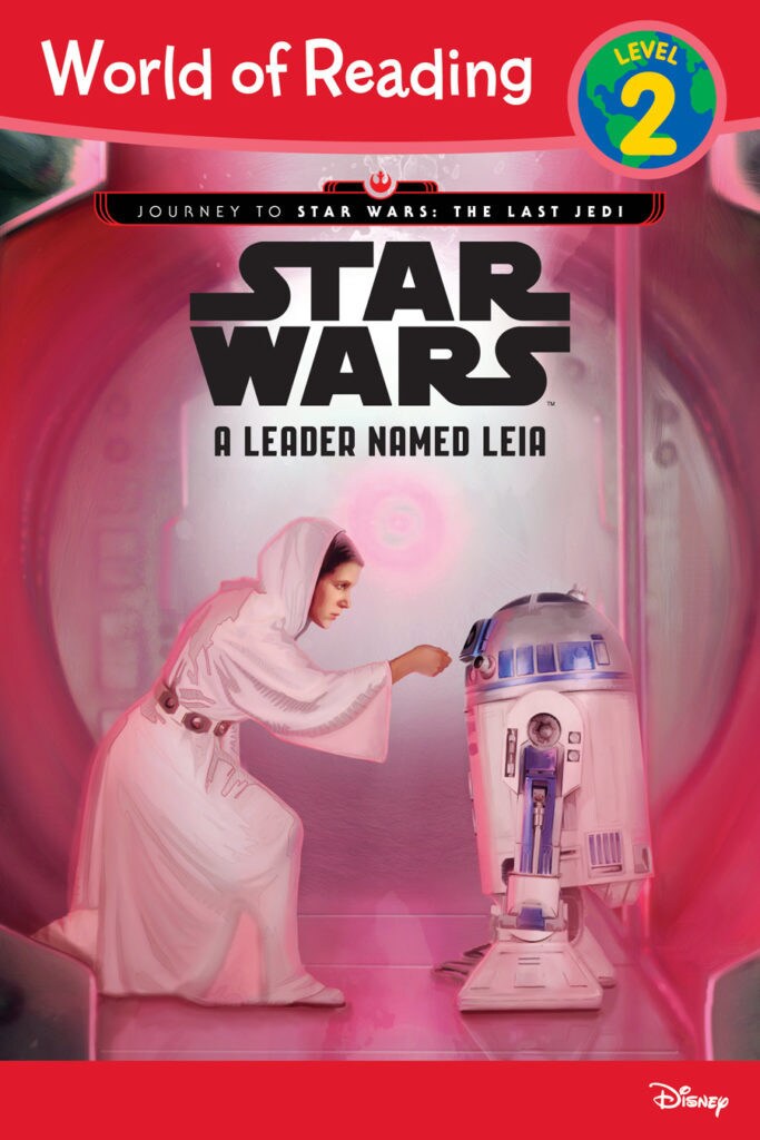The cover of the World of Reading book Star Wars: A Leader Named Leia depicts Leia passing along a message to R2-D2 onboard the Tantive IV.