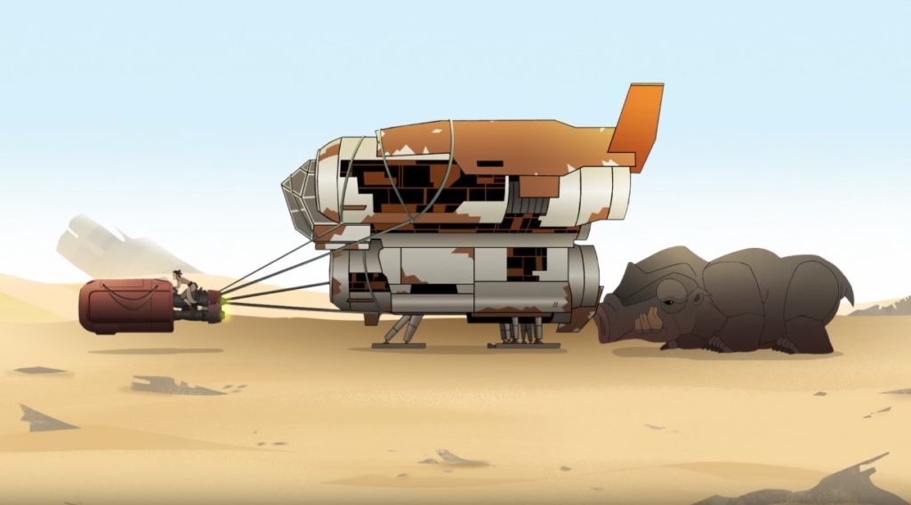 Rey hauls a salvaged ship with a helpful push from a Happabore in Star Wars Forces of Destiny.