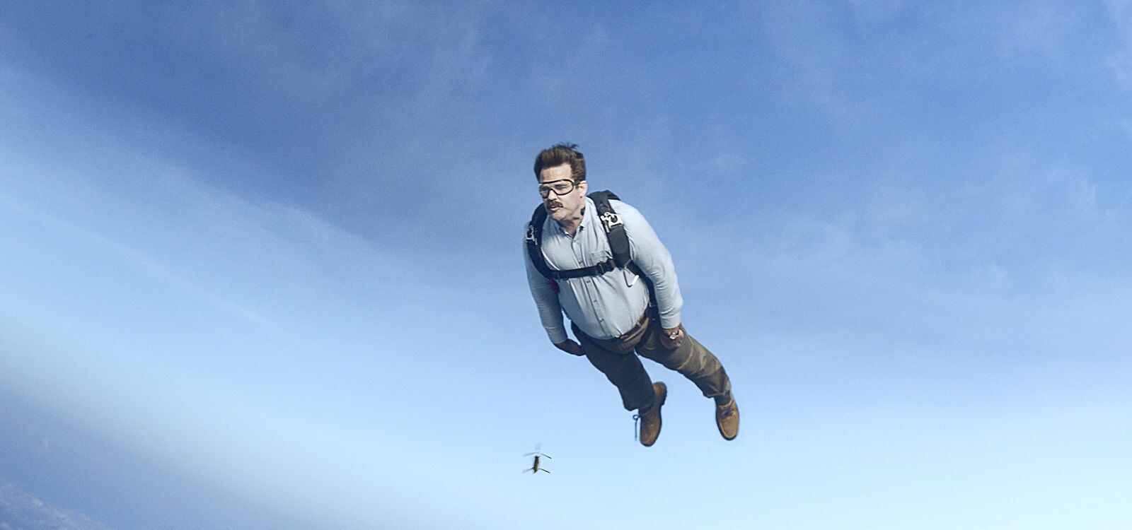 Actor Rob Delaney (as Peter) diving from a plane in the film "Deadpool 2"