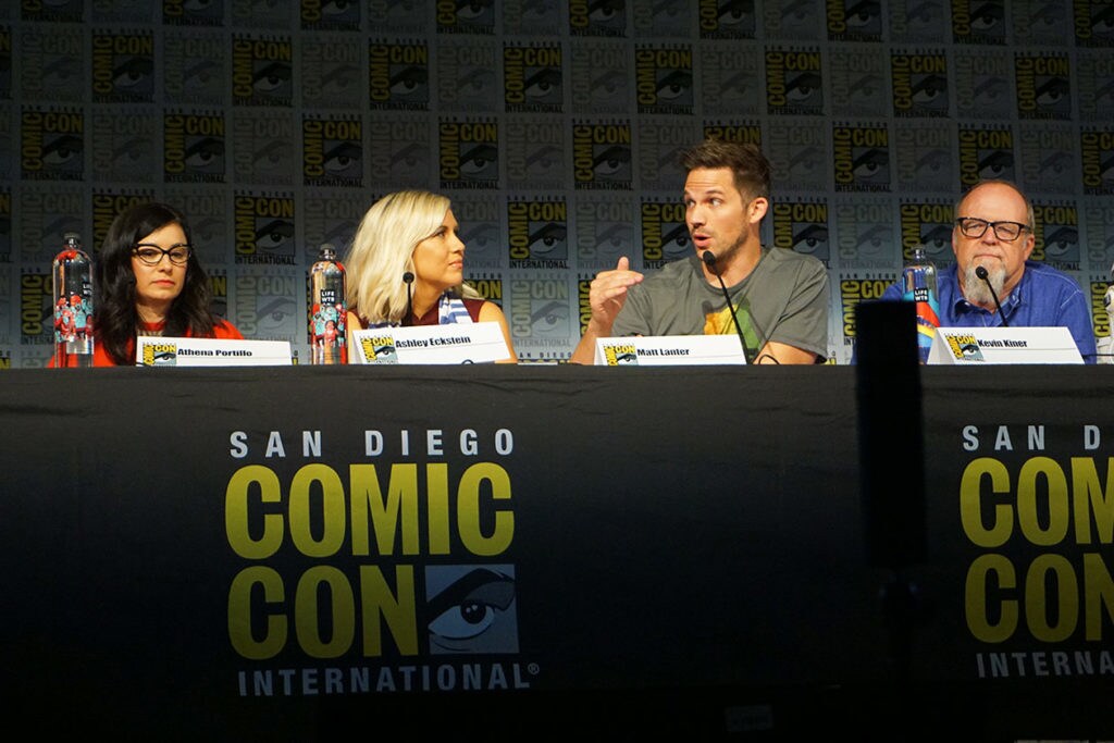 Producer Athena Portillo, actors Ashley Eckstein and Matt Lanter, and composer Kevin Kiner field questions at The Clone Wars panel at San Diego Comic Con.