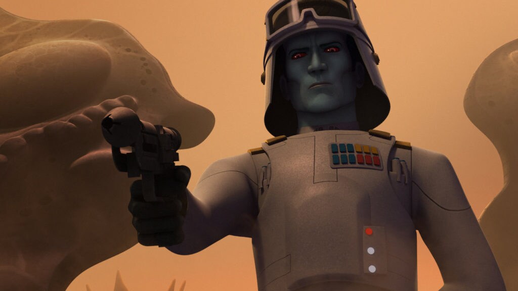 Grand Admiral Thrawn holds a blaster.