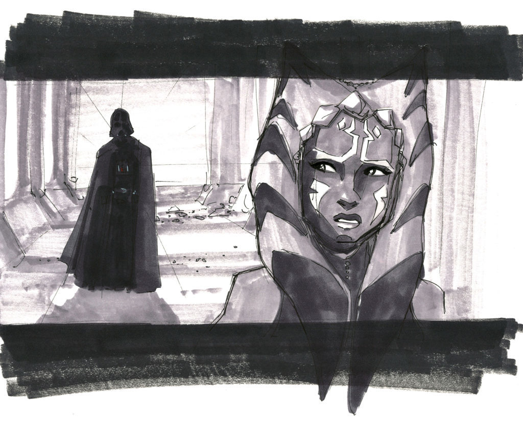 Dave Filoni's original concept sketch of the Vader and Ahsoka confrontation during production of Star Wars: The Clone Wars. 