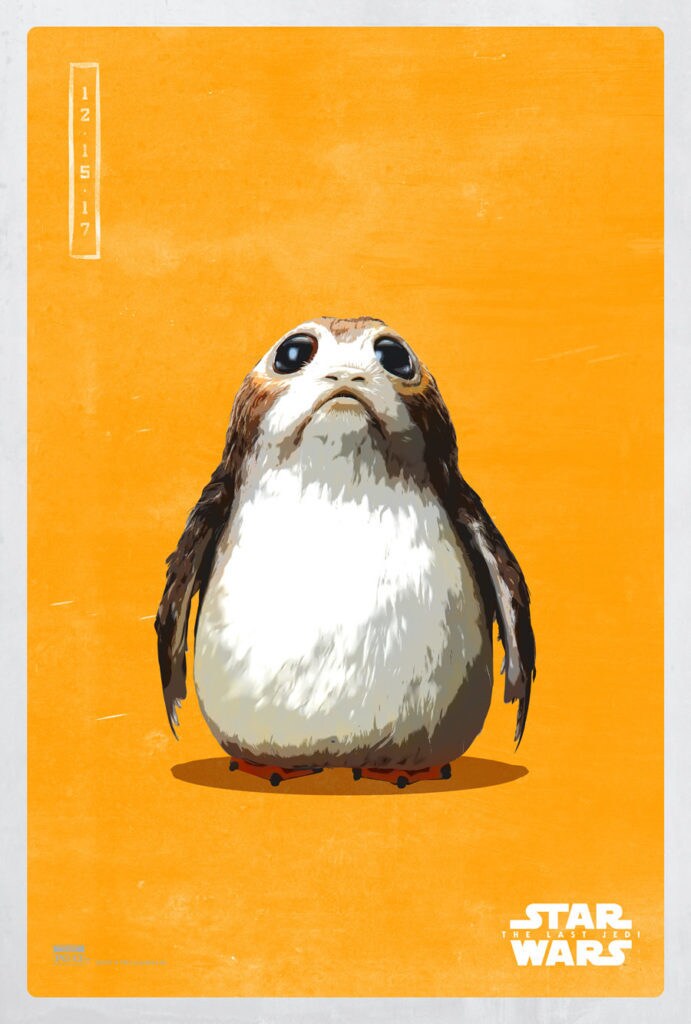 A poster of a Porg against a yellow-orange background.