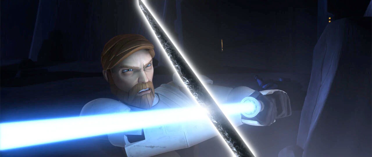 Obi-Wan uses his lightsaber to block an attack from the Darksaber.