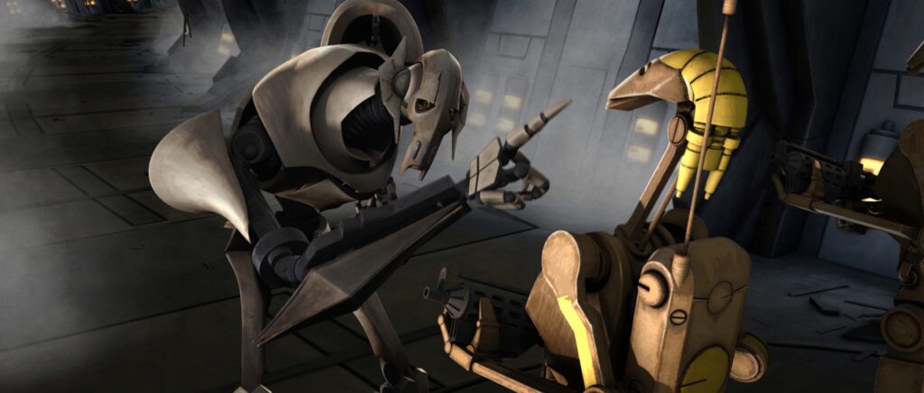 General Grievous points his finger at a battle droid's face in The Clone Wars.