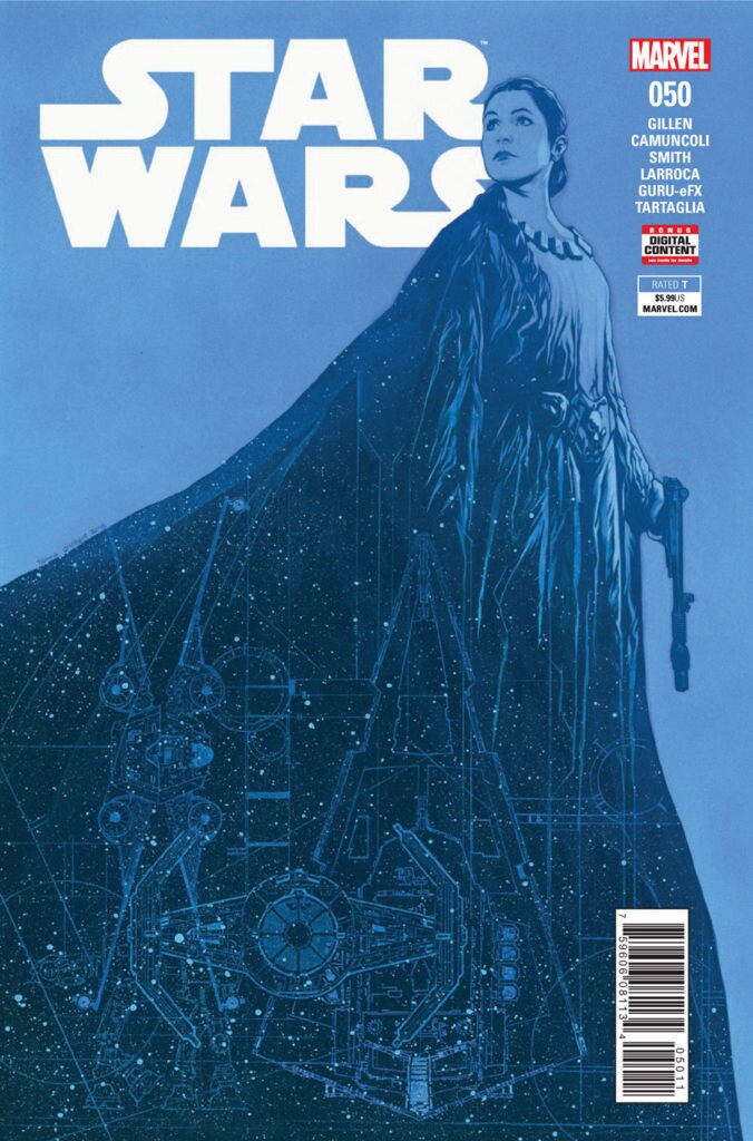 The cover of issue #50 issue of Marvel's Star Wars comic book series. Princess Leia holds her blaster pistol by her side, and images of a TIE fighter, X-wing, and star destroyer appear on her flowing cloak.