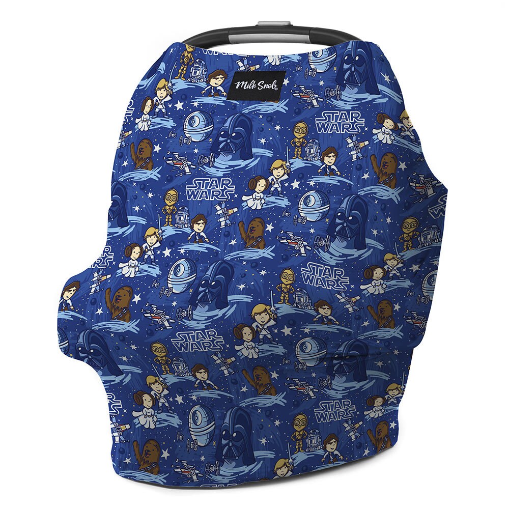 D23 Expo 2022 Milk Snob Star Wars car seat cover featuring cartoonish versions of Darth Vader, Luke Skywalker, and more, on a blue starry background.