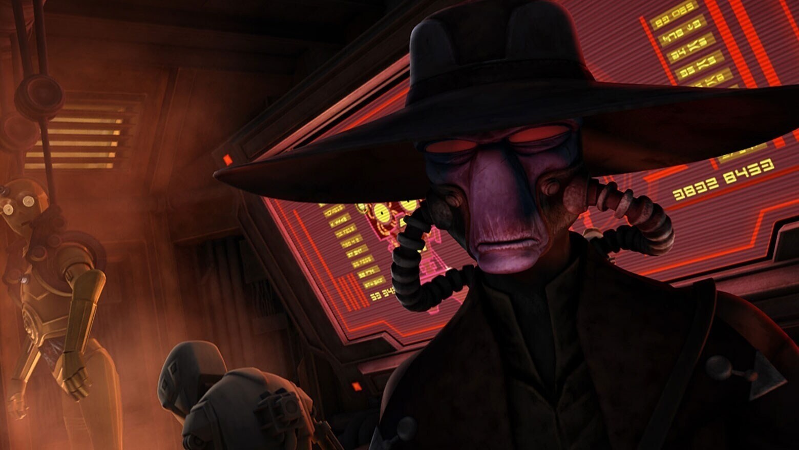 Bounty hunter Cad Bane and C-3PO in The Clone Wars