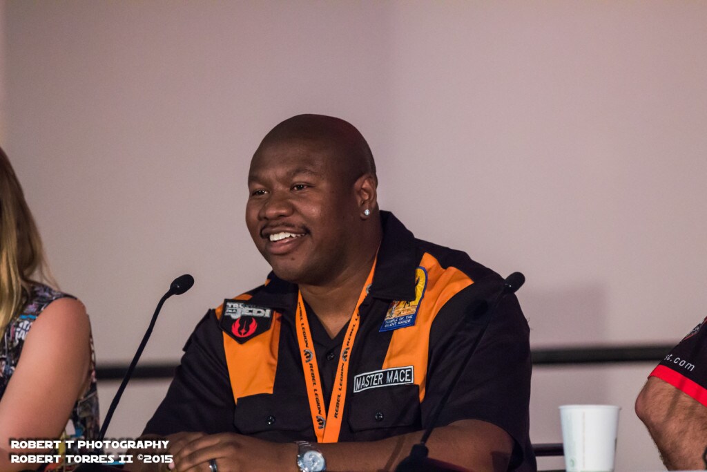 Brandon Jackson, a Navy chief petty officer, participates in a Star Wars military service panel discussion.