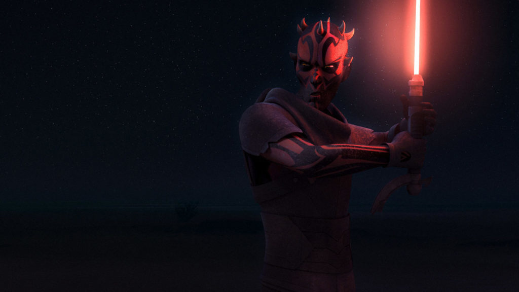Darth Maul wields his red lightsaber.