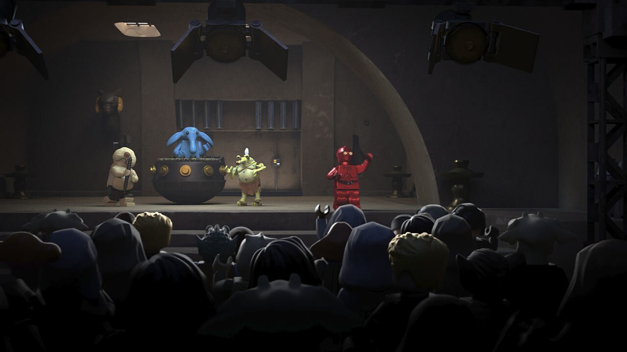 A crowd listening to the Max Rebo band in LEGO Star Wars Summer Vacation